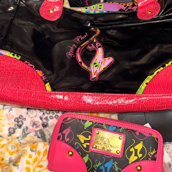Baby Phat Handbags - Baby Phat Black Patent Tote and Wallet with Hot Pink Trim & Multicolor Logo